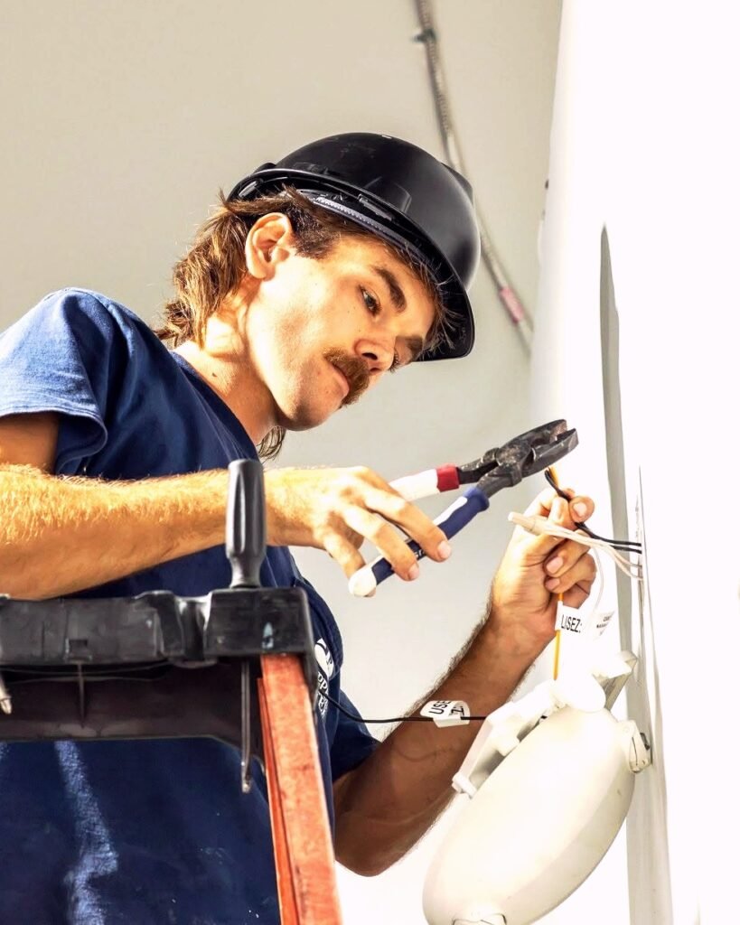 Electrician on a ladder wiring a ceiling in Plattsburgh, NY