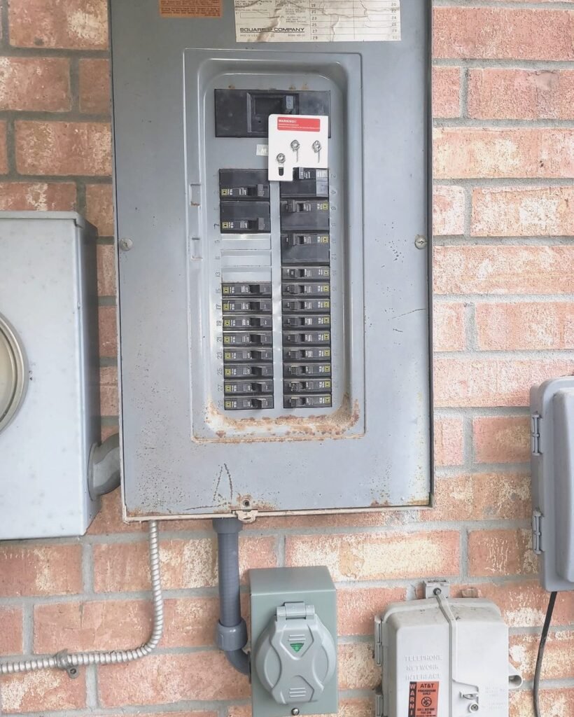 Outdoor electrical panel with breakers on a brick wall in Plattsburgh, NY