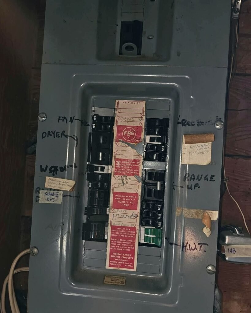 Vintage electrical panel being assessed for replacement in Plattsburgh, NY